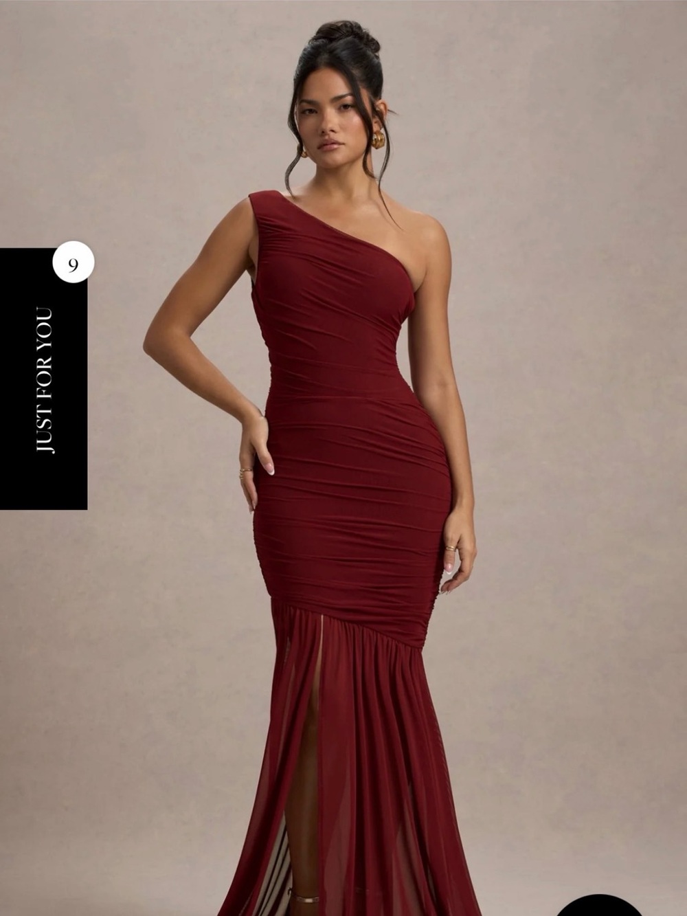 Club L London One-Shoulder Burgundy Ruched Mermaid Gown